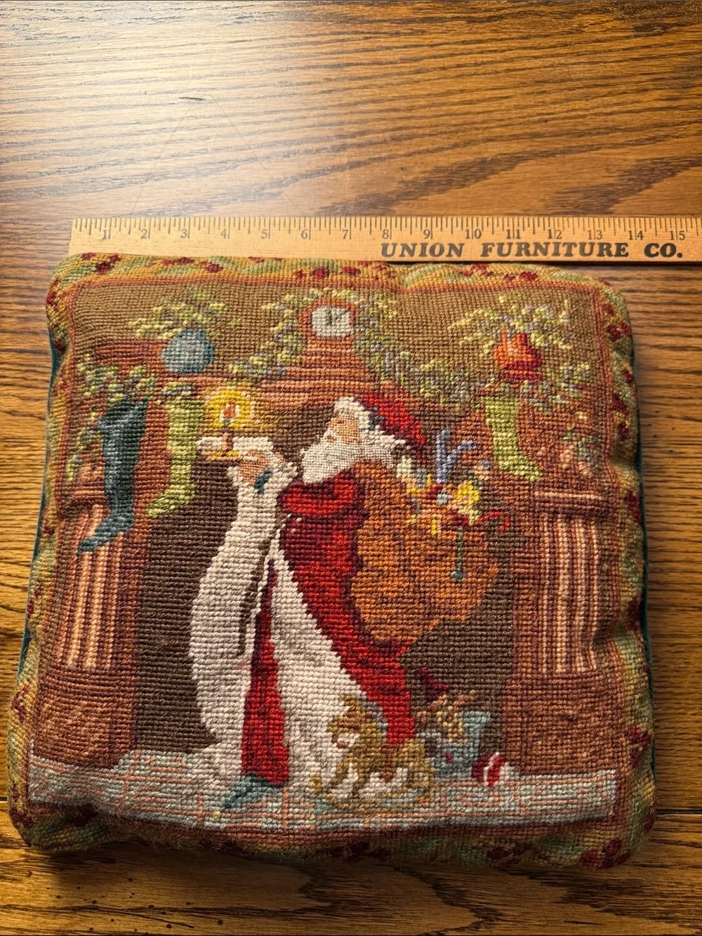 Vintage Wool Needlepoint Christmas Pillow Santa Fireplace Stockings